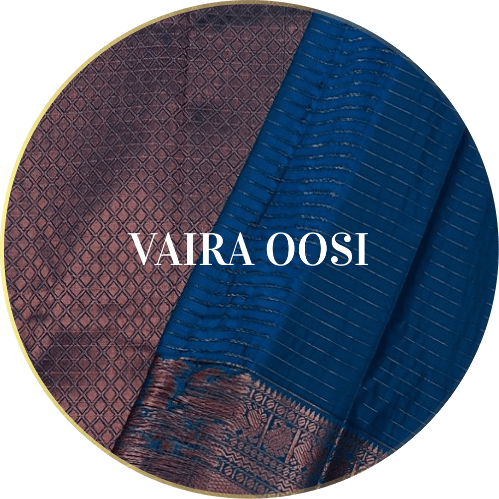Authentic Indian silk saree vaira oosi in blue and brown, handcrafted by MM Boutique.