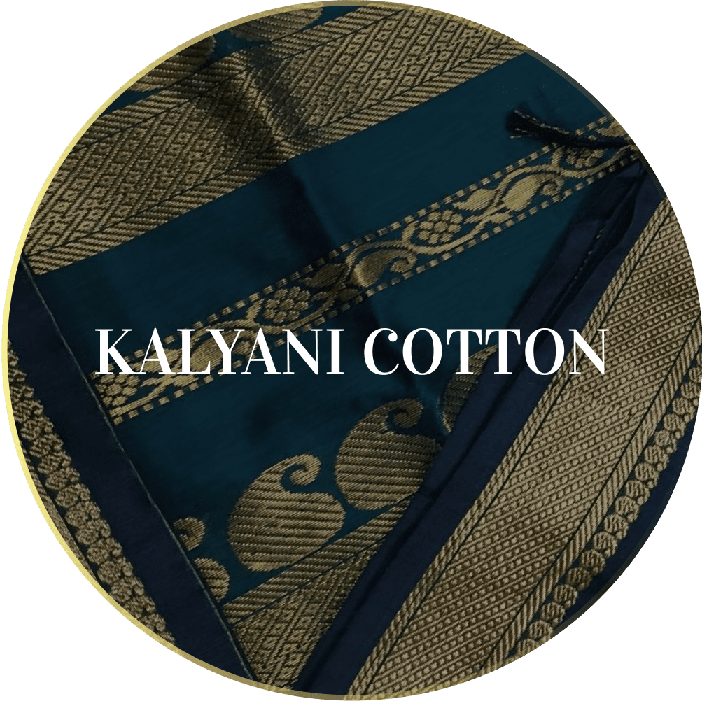 Authentic Kalyani cotton saree in blue and gold, handcrafted by MM Boutique by Jasmin.